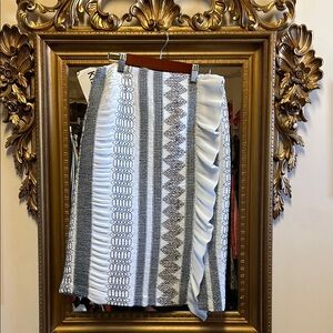 Tory Burch Cream and Brown Ruffled Knee-Length Pencil Skirt